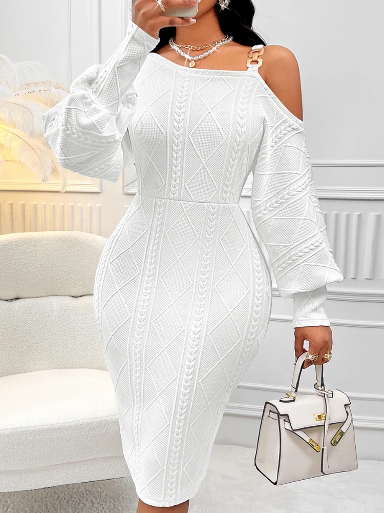 

Women Dress Mid Length Dresses Skew Collar Lantern Sleeve Sexy Elegant Party Spring Temperament Slim White High Waist Vestidos