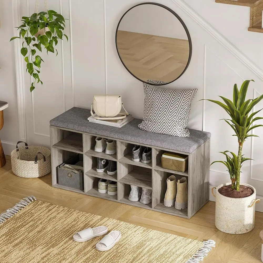 Panca portascarpe grigia Wash da 12 pezzi con cuscino, scaffale regolabile per ingresso, guardaroba e spazi abitativi