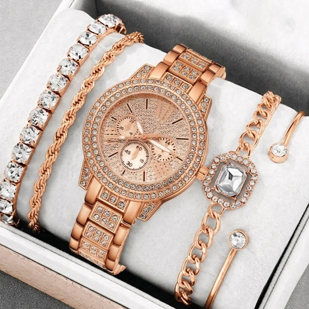 5Pcs/Set Unisex Jewelry Watches Women's Wristwatch Accessories Rose Gold Trendy Fashionable Elegant Classic Exquisite Light Luxury Rhinestone Luxury Quartz Watch Set Y2K Suitable for Travel, Parties, Daily Outfits, Perfect Birthday and Holiday Gift