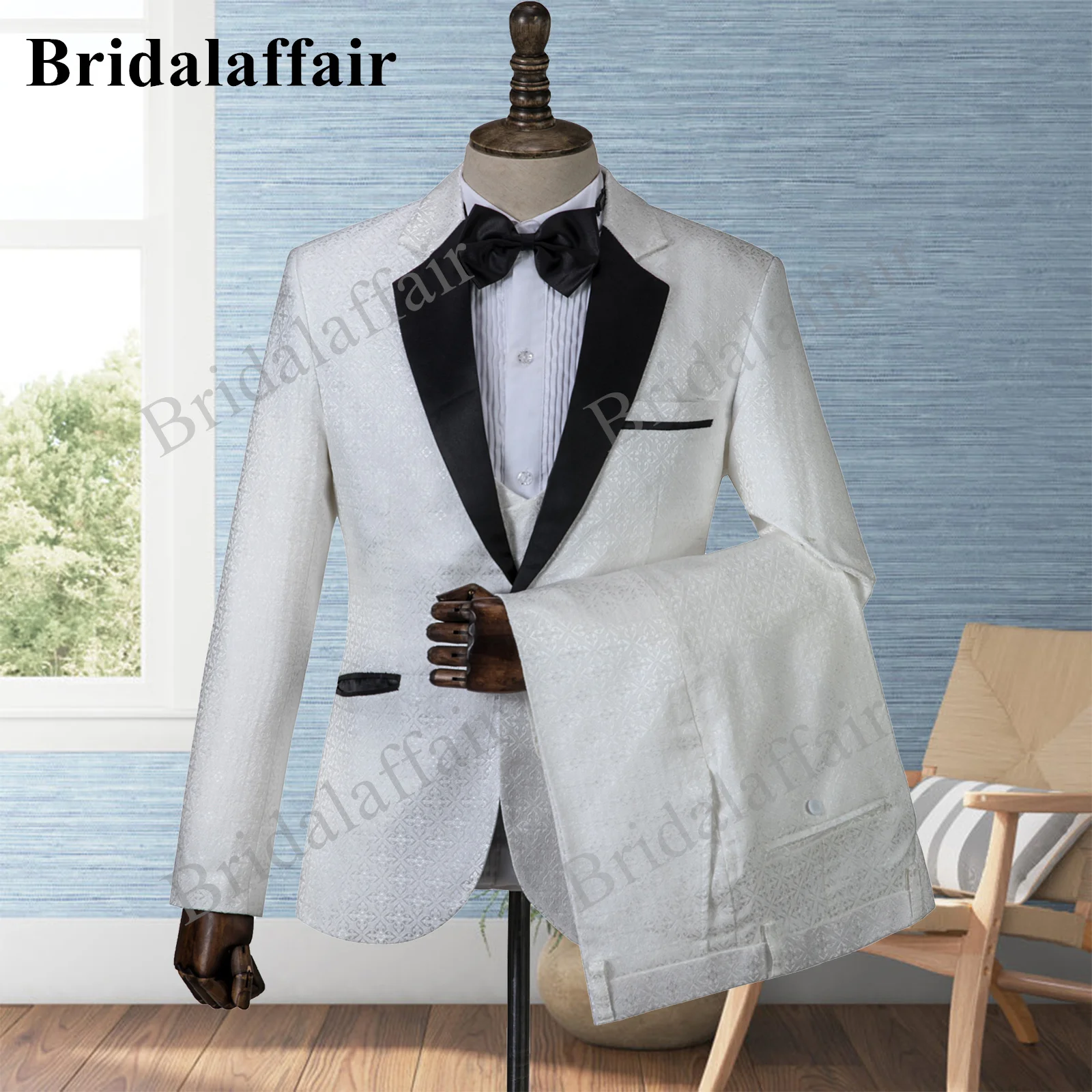 

Bridalaffair 3 Piece Symmetrical Pattern White Fabric Wedding Tuxedo For Groom Slim Fit Men Suits Satin Male Fashion Jacket Pant