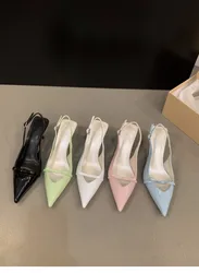 2024 New Women's Sandals Slingbacks Summer Pumps High Heels Pointed Toe Sandal Candy Color Patent Leather Bowtie Zapatos Mujer