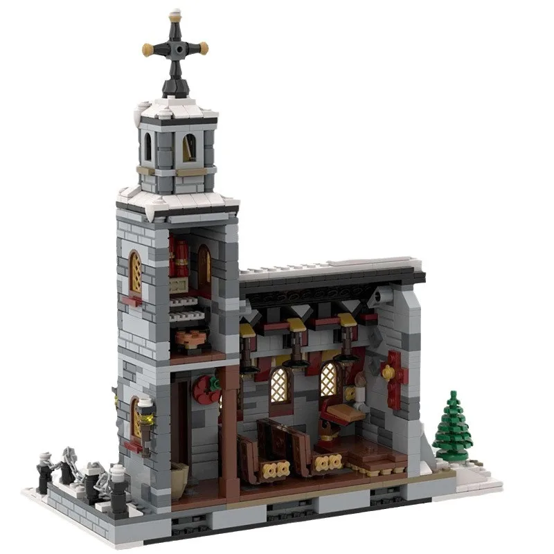 MOC Kerst Winter Kapel Plezier Sstreet View Model Bouwstenen Educatief Gebouw Speelgoed Creatieve Kerstcadeaus Kinderspeelgoed