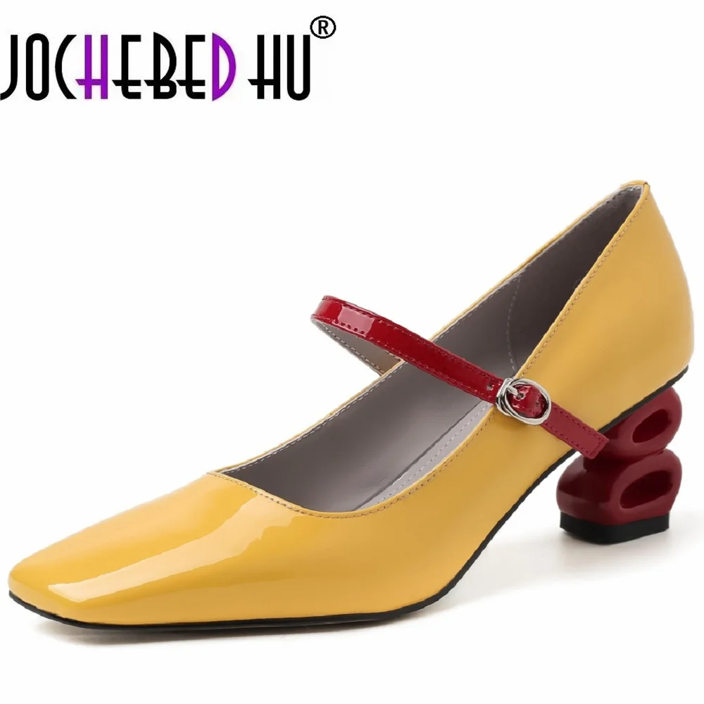 

【JOCHEBED H】Mixed Color Design Brand Handmade Genuine Leather Mary Jane Women Elegant Dress Comfort Square Toe Buckle 33-40