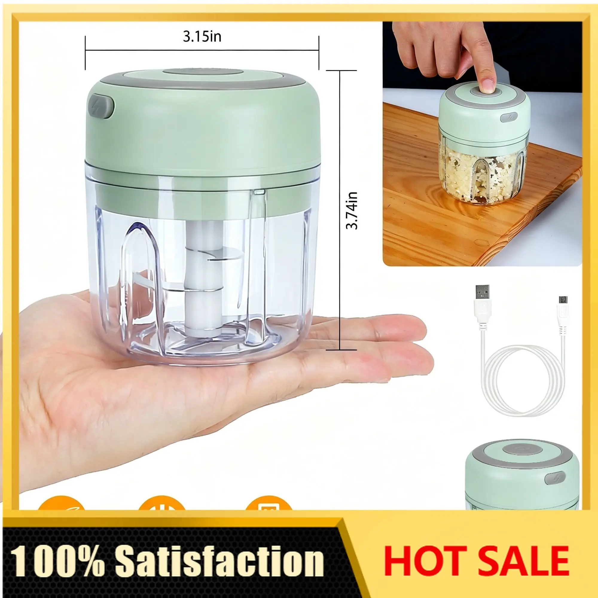 Portable Mini Electric Garlic Chopper, Rechargeable Small Food Processor with 304 Stainless Steel Blade, Detachable Design for C
