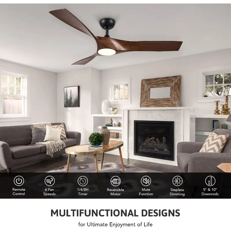 Ceiling Fan with Light and Remote Control, 52 Inch Modern Fan with 3 Blades Noiseless DC Motor for Bedroom, Living Room,Walnut