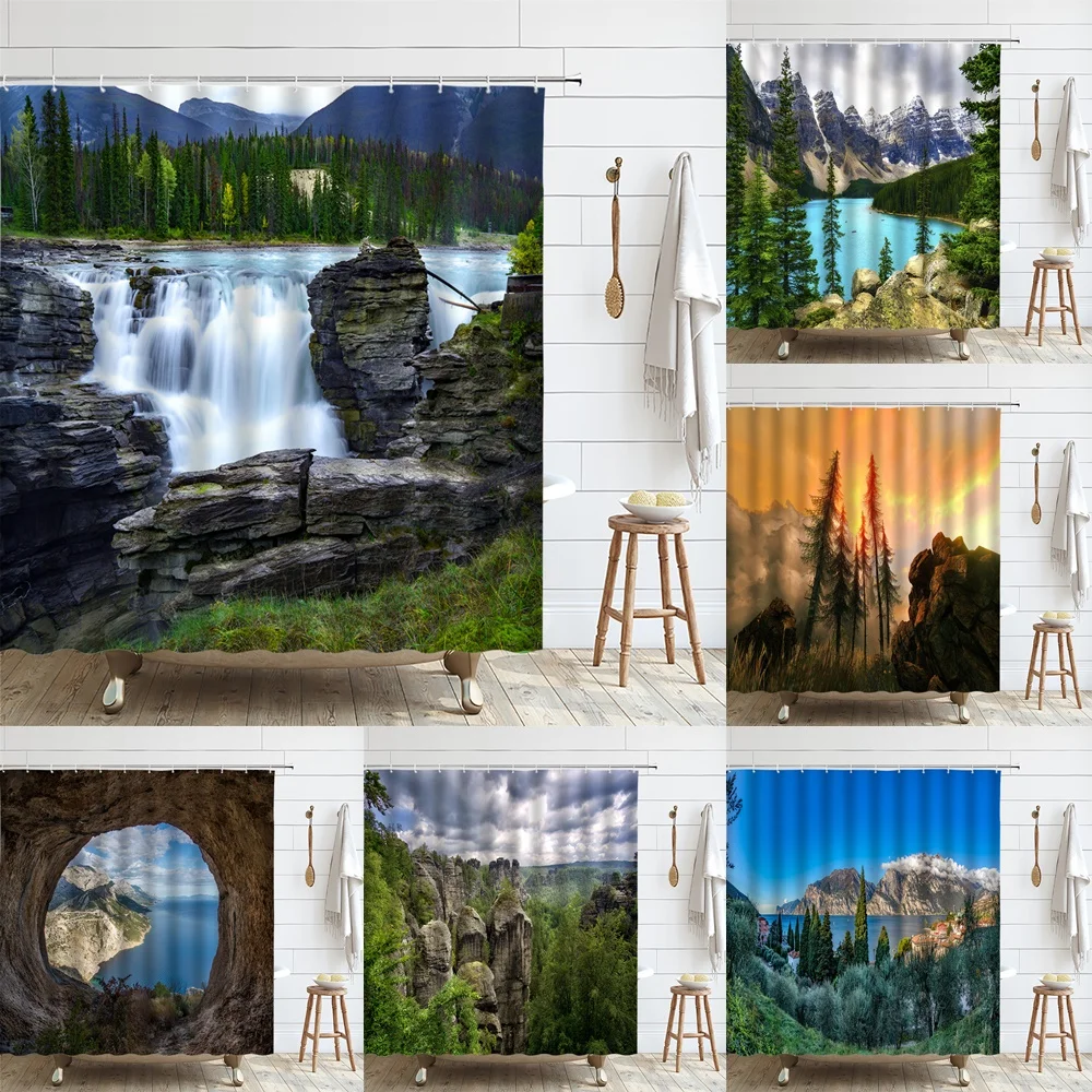 

Mountain Fabric Shower Curtain Nature Lake Pine Trees Forest Landscape Waterfall Outdoor Bathroom Curtains Washable with Hooks