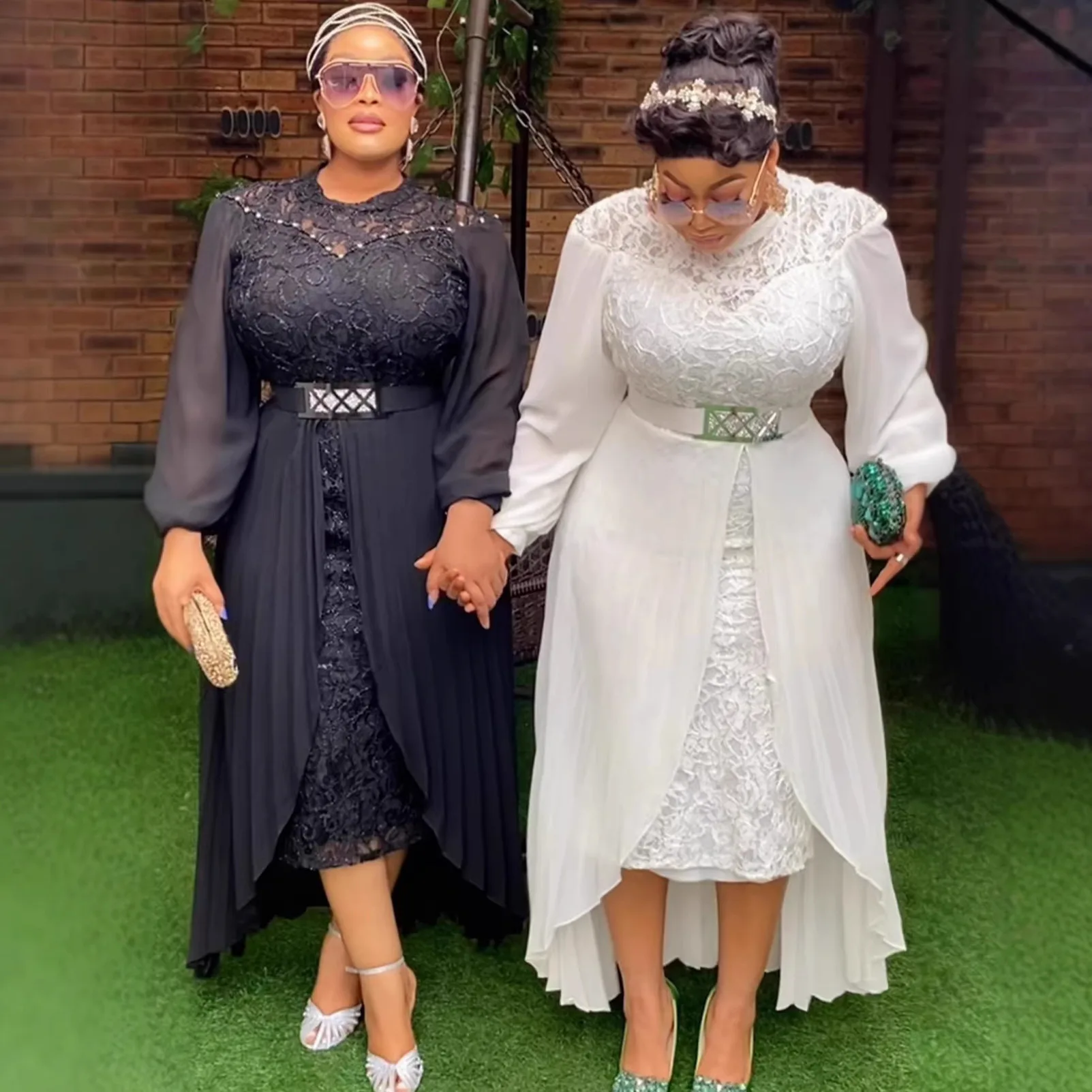 

QMANSHA Couture Plus Size Lace Dress with Chiffon Overlay Long Sleeve Belted Formal Party & Wedding Guest Dress Evening Gown