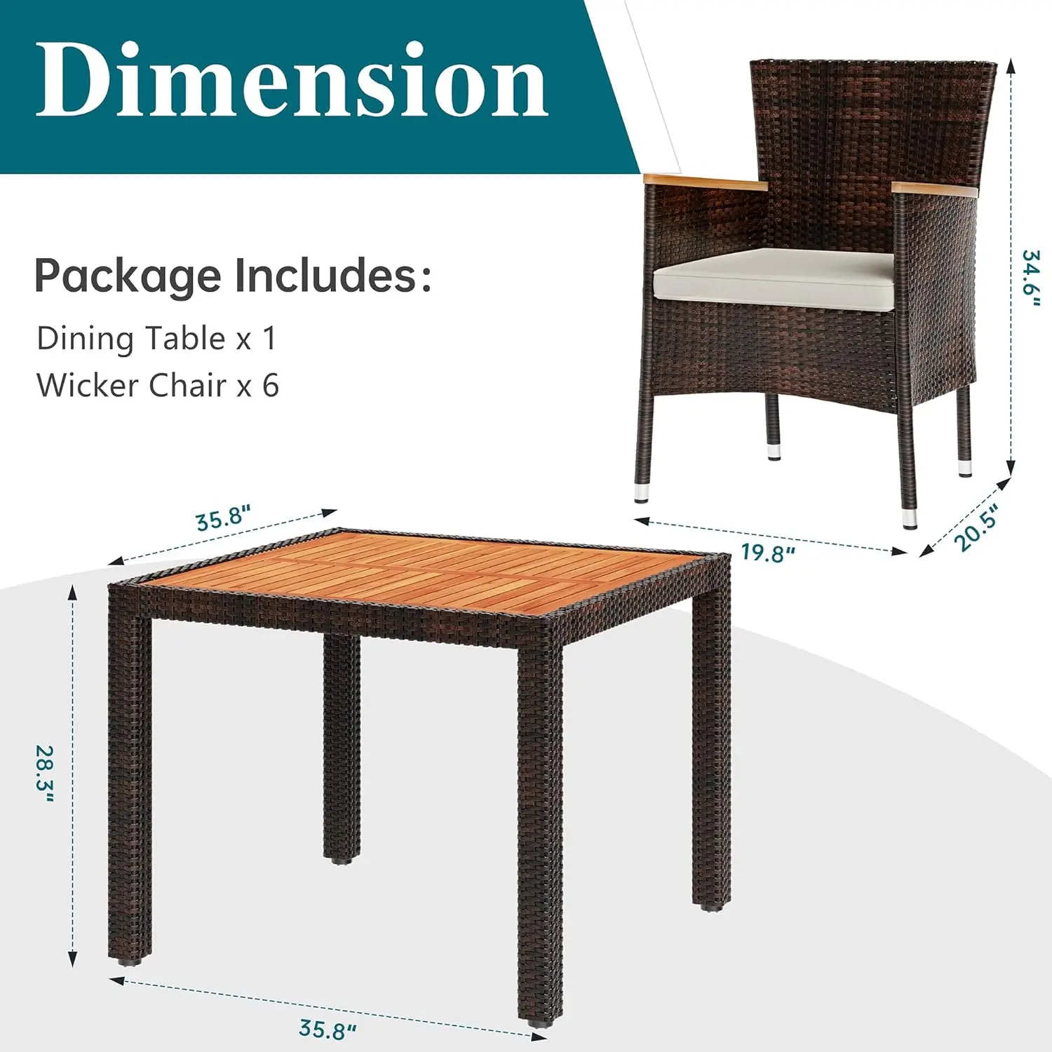 Brown Rattan Outdoor Patio Dining Set with Wood Table Top and Soft Cushions for Backyard, Deck, Garden