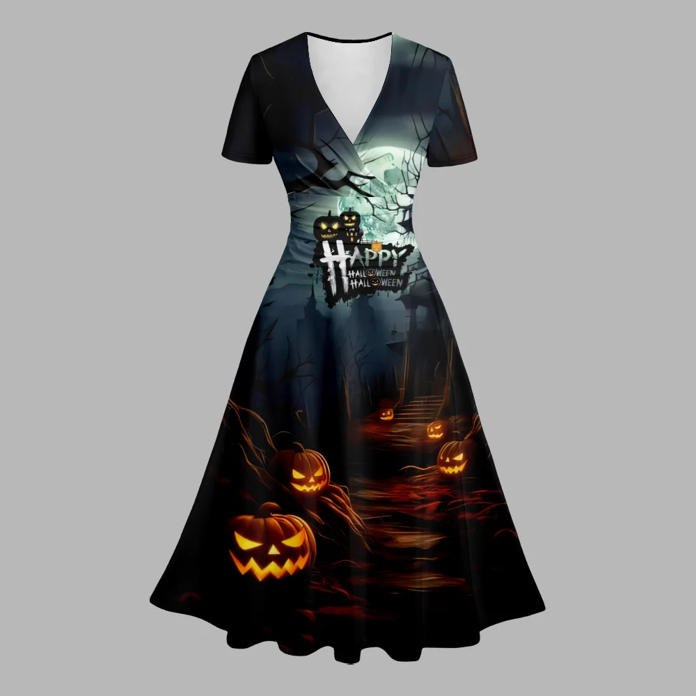 Vestido de verano de calabaza de Halloween para mujer, elegante Vestido de fiesta de moda con cuello en V, vestidos de línea a, vestidos de complejo turístico para niña, bata de Carnaval