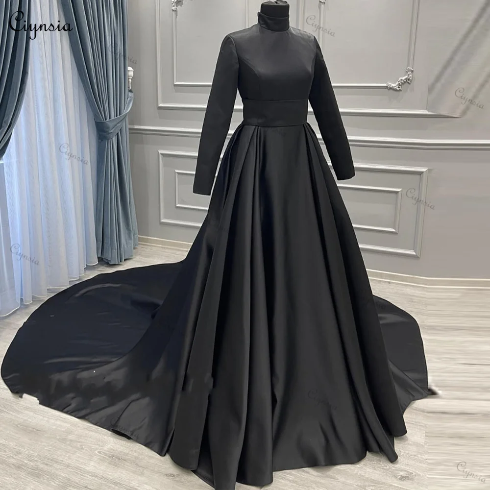 Ciynsia-vestido De novia árabe musulmán De Dubái, traje De novia De manga larga, Hijab, cuello alto, satén, color negro, 2024