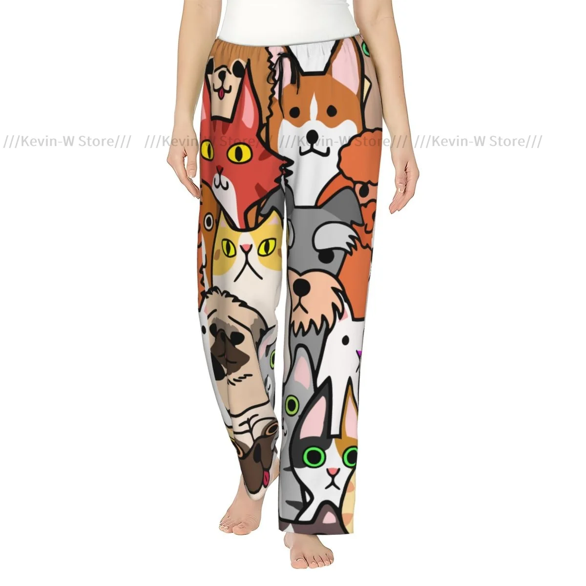 

Women Doodle Dogs And Cats Faces Flannel Pajama Pants Soft Warm Sleep Pants Cozy Winter Loungewear