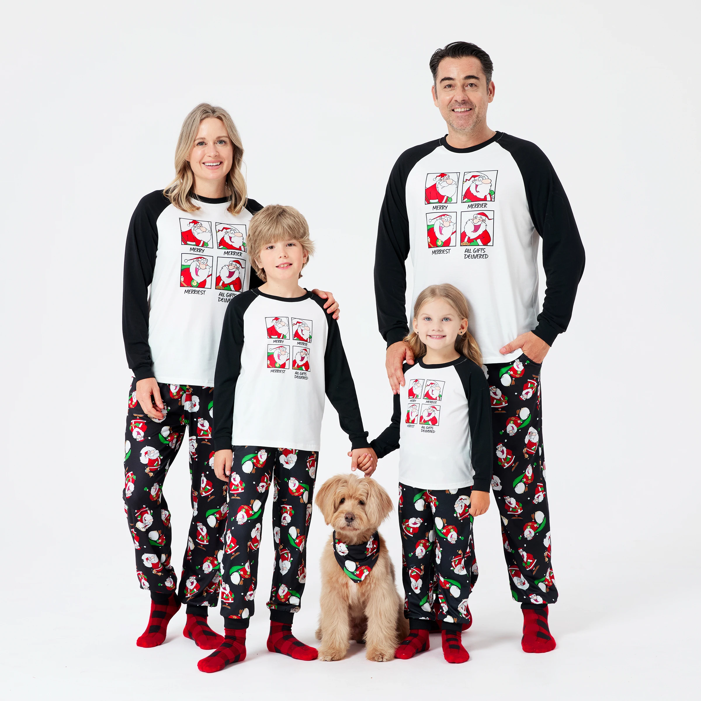 

PatPat Christmas Matching Family Pajamas Set Christmas Santa Print Black and White PJS with Christmas Socks