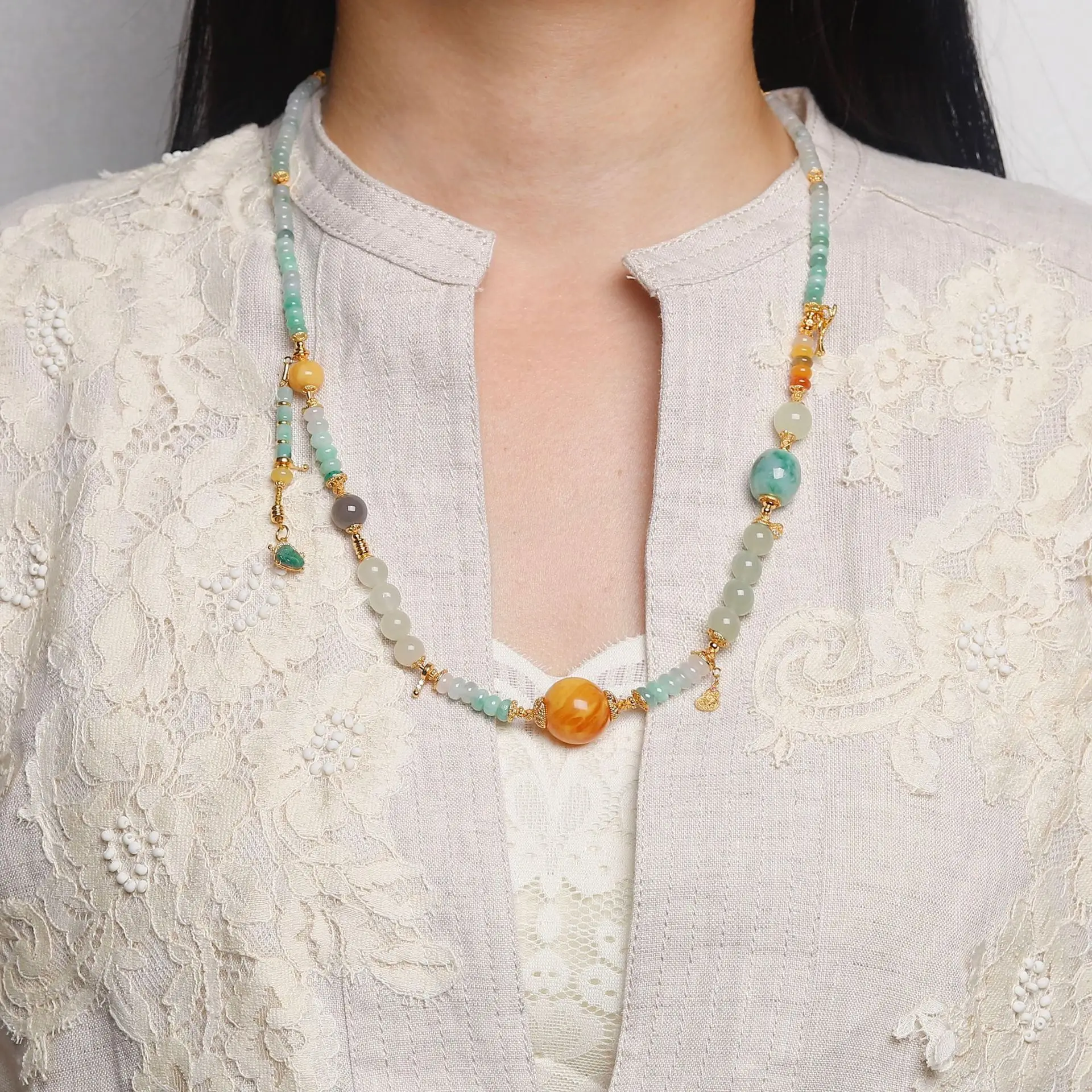 Natural Grade-A Gradient Jadeite Long Necklace, 925 Silver Amber Hetian Jade, Chinese Style Jade Jewelry Gift for Women