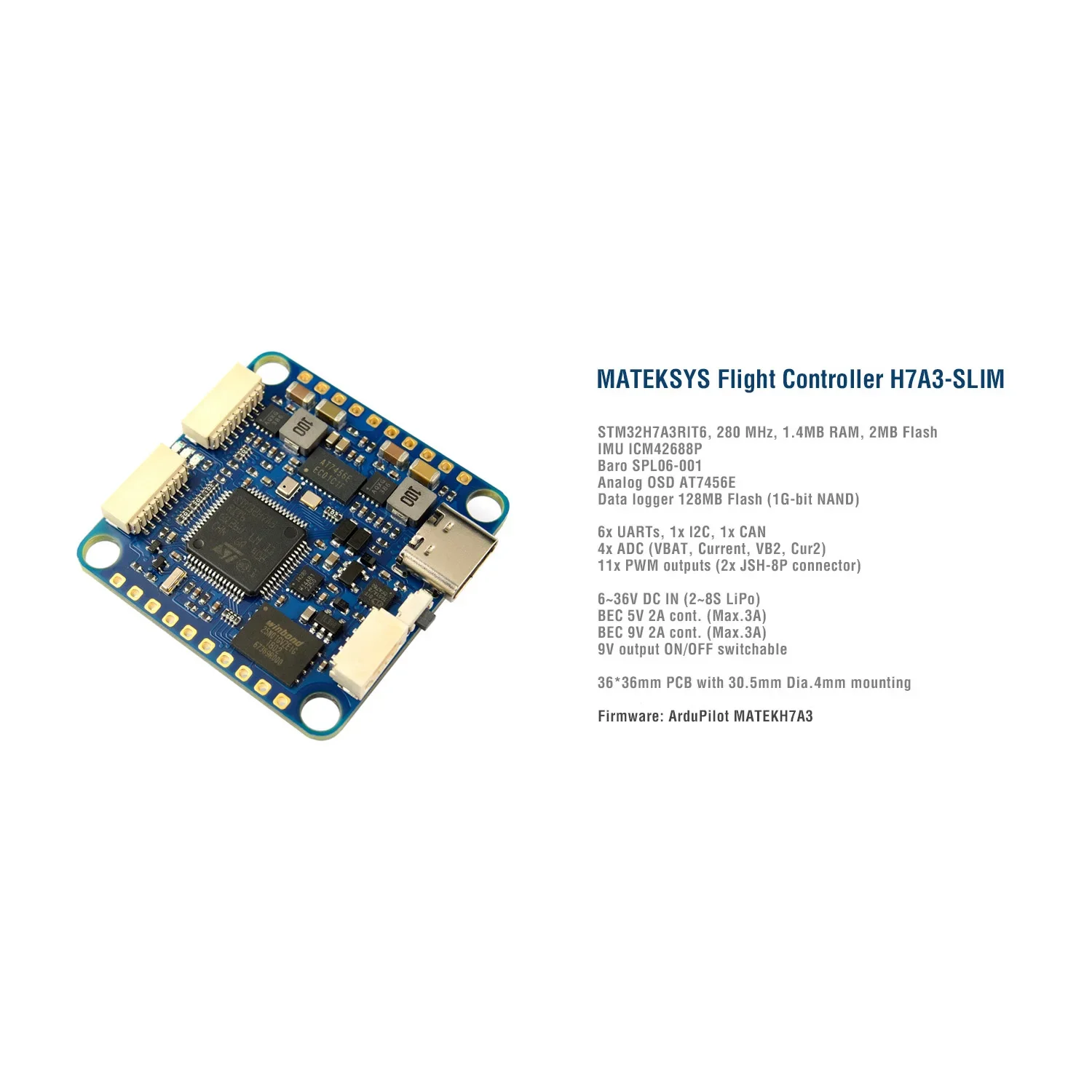 Matek mateksysフライトコントローラー、H7A3-SLIM stm32h7a3rit6、ビルトインicm42688p、rc fpv長距離ドローン用2-8クリップ