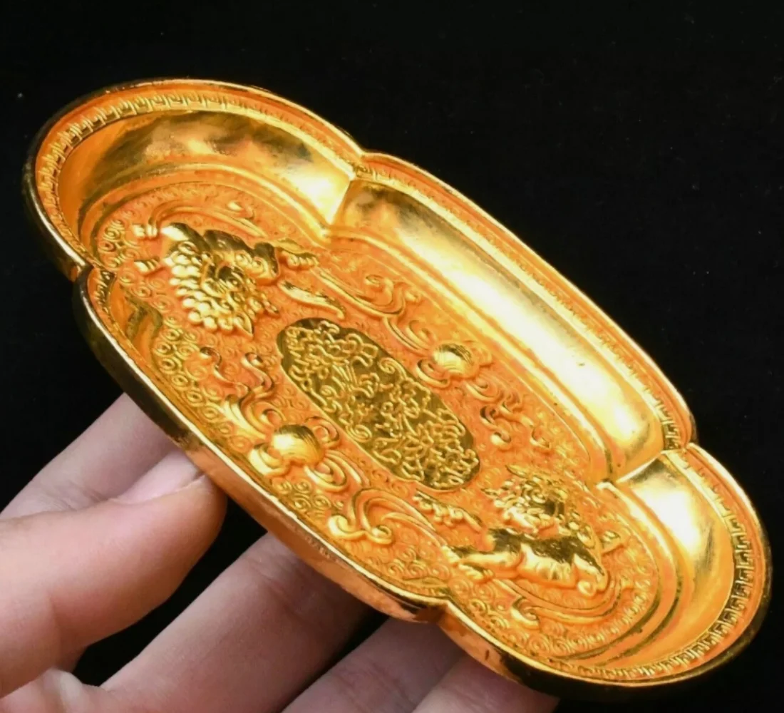 4.7 ''السلالة القديمة البرونزية المذهبة قصر فو فو الكلب الحرس علبة الأسد طبق لوحة #5