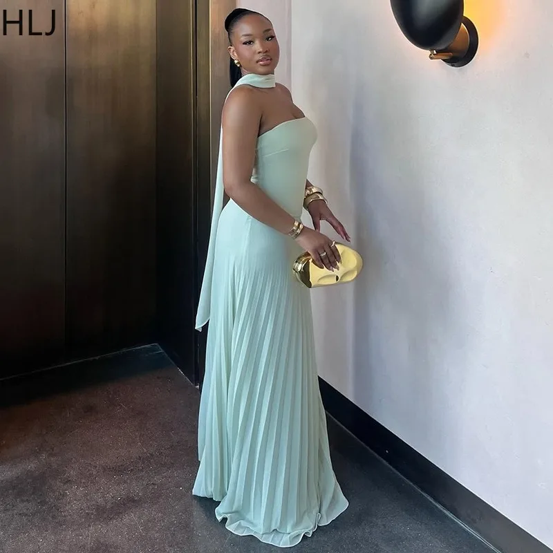 HLJ zomer elegante ruches patchwork lange jurk vrouwen strapless sjaal mouwloze geplooide maxi jurken vrouwelijke streetwear vestidos