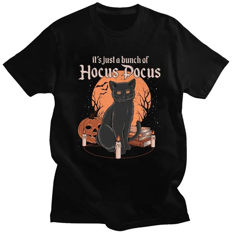 Custom Hocus Pocus T Shirt Men Short Sleeved 100% Cotton T-shirt Leisure Halloween Witchcraft Black Cat Tee Graphic Tshirts