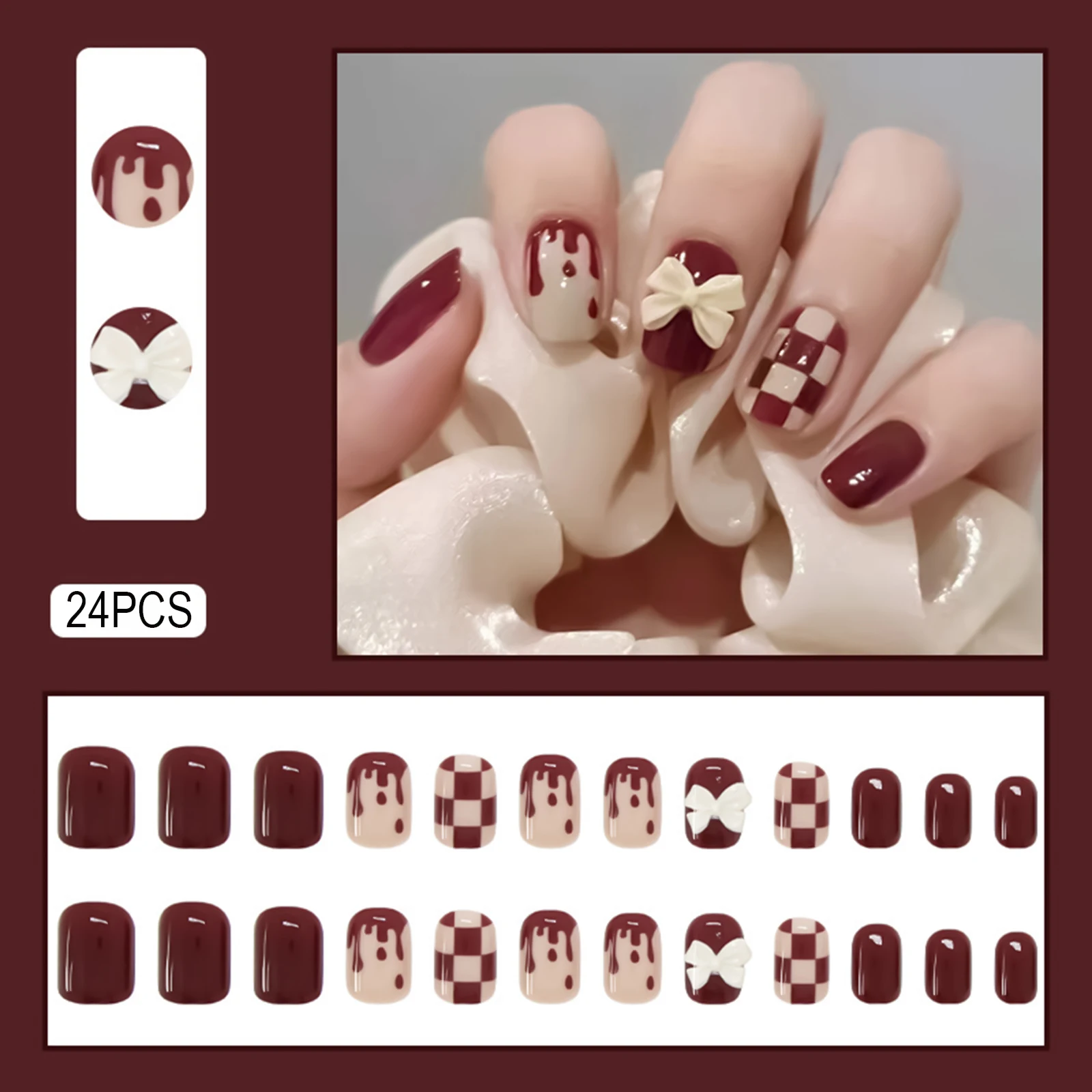 24pcs Red Bow Checkered Design Press On Nails False Nails Woman Short Fake Nails Cute Bow Wearing False Nails Art Free Shipping
