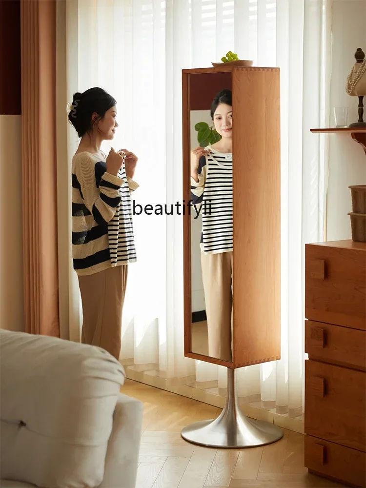 

Solid wood full-body mirror cherry wood rotatable full-length mirror magazine cabinet storage floor mirror9344