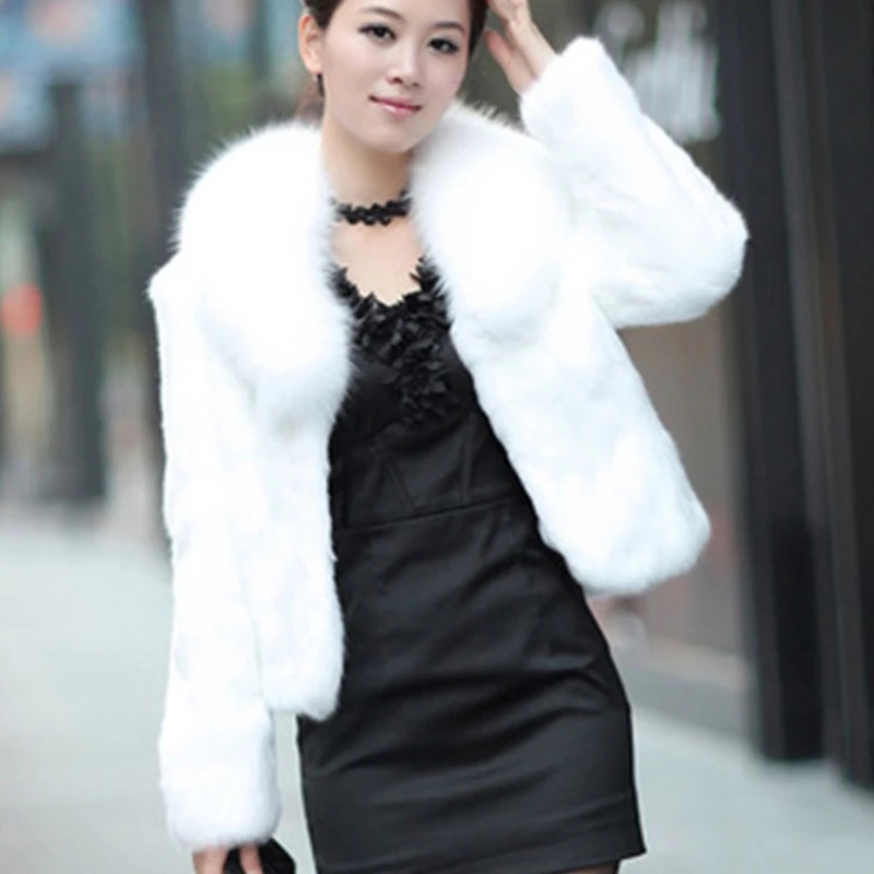 

Black Short Faux Fur Jackets Slim Lapel Furry Jackets with Fox Fur Collar Fluffy Luxury Casual Faux Fox Plush Coats Warm Thick