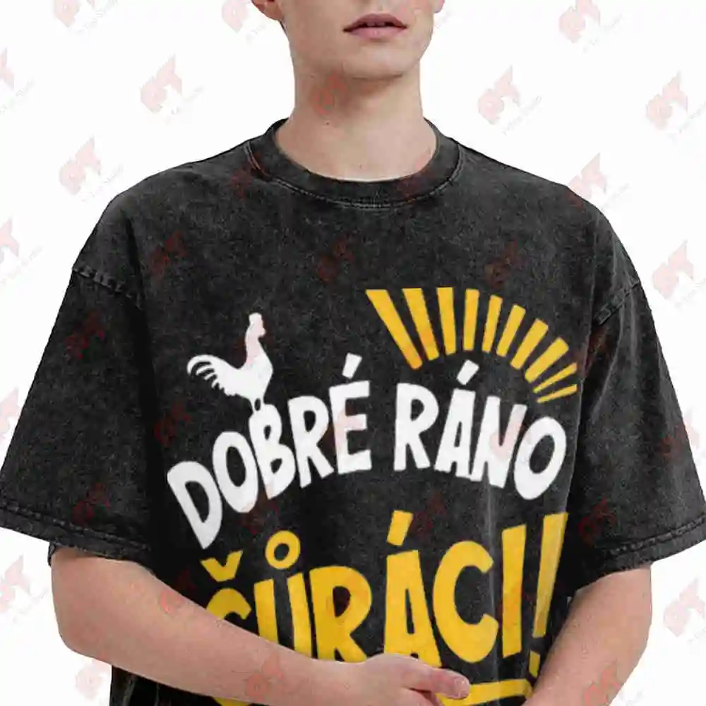 Czech Dobre Rano Flag Cyrillic Vintage Washed Tee Pure Cotton T-Shirt