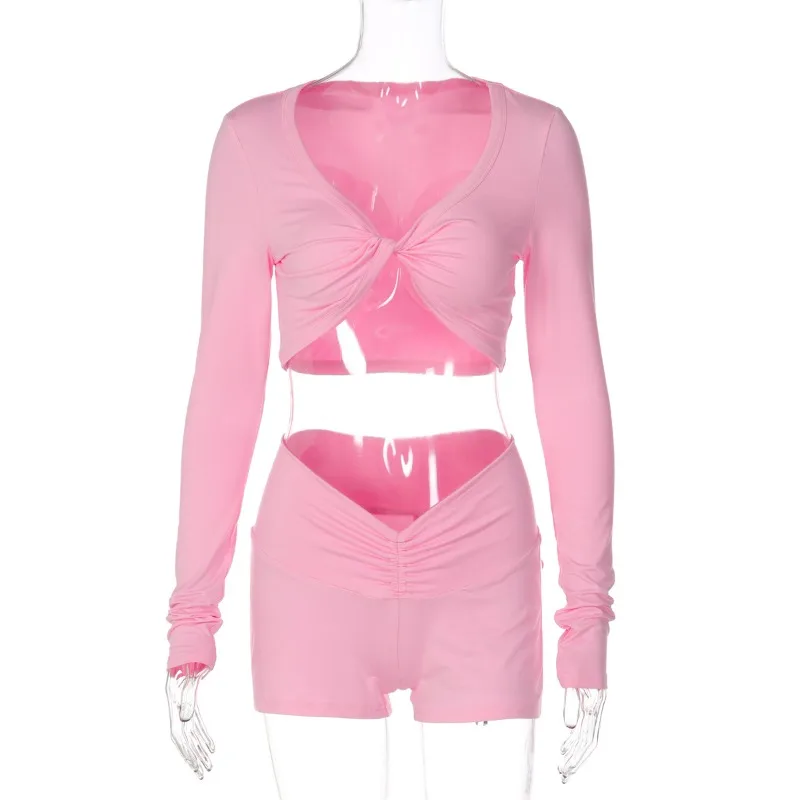 Zimowy, jednolity kolor, marszczony top z długim rękawem, obcisłe szorty, strój sportowy i rekreacyjny dla kobiet.