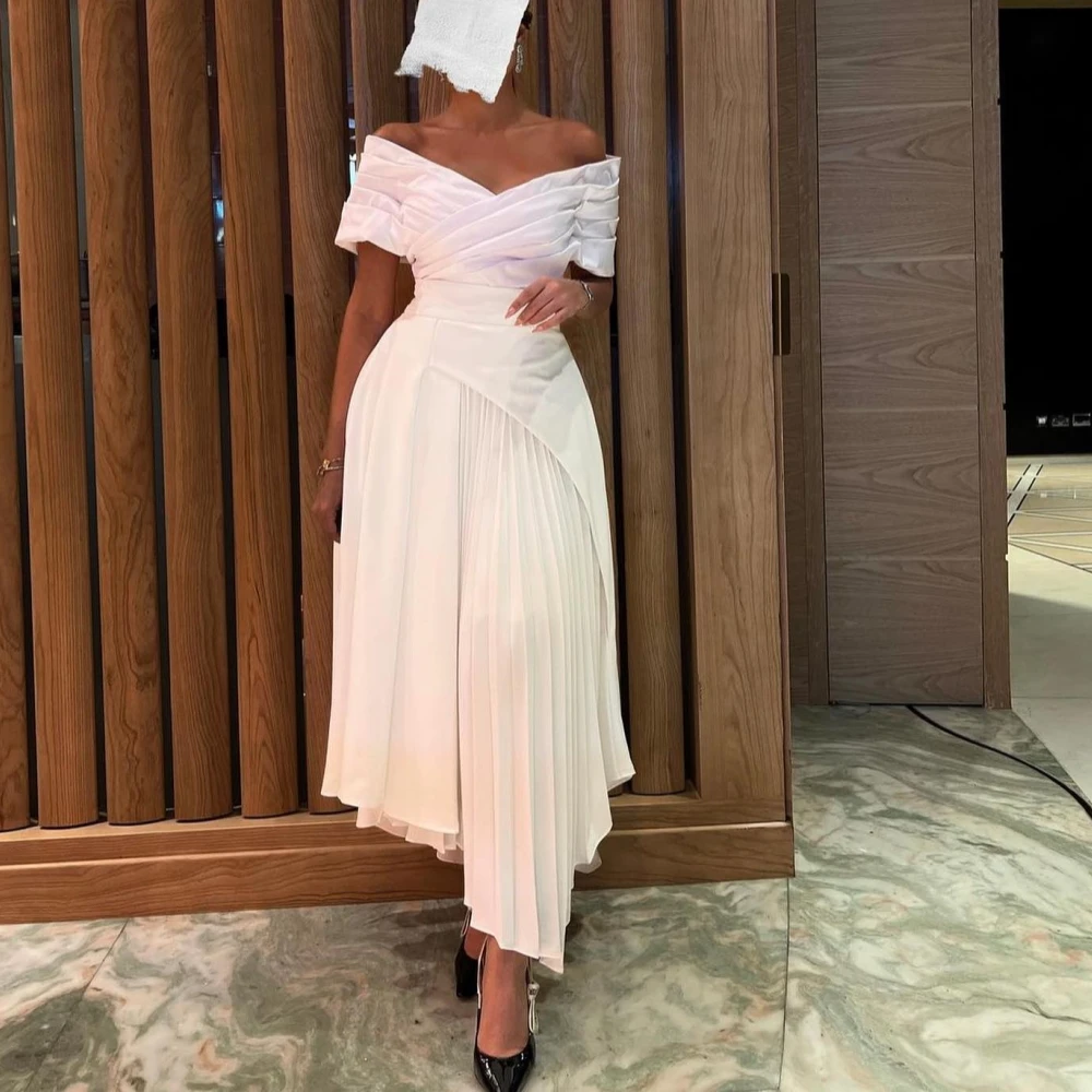 Carolina Off Shoulder Evening Dresses Women Saudi Arabia Satin Short Sleeves Vintage Wedding Guest Elegant Formal Party Gowns