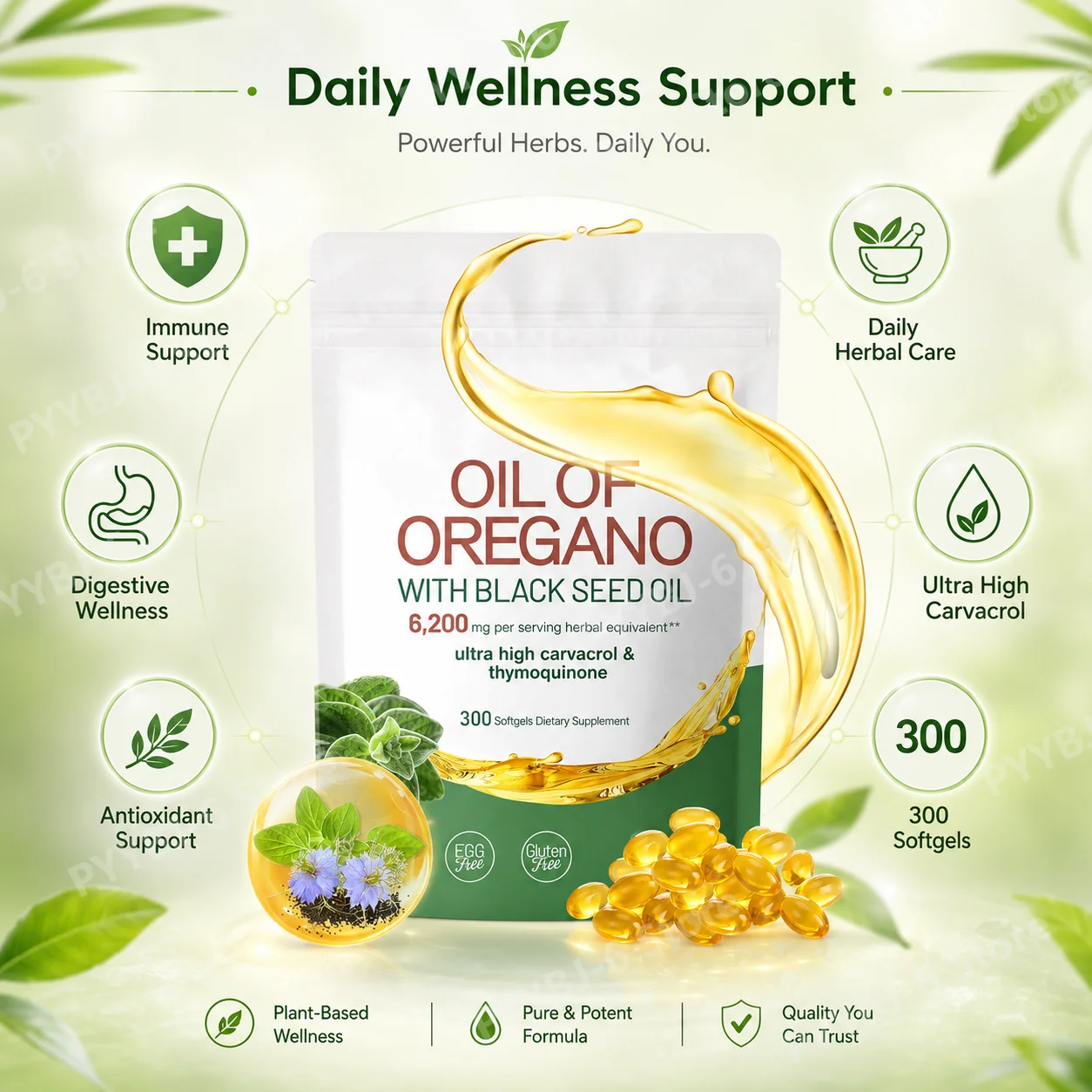 Oil of Oregano with Black Seed Oil Softgels 2-in-1 Herbal Supplement Immune Digestive Antioxidant Support Gluten Free 300 Count