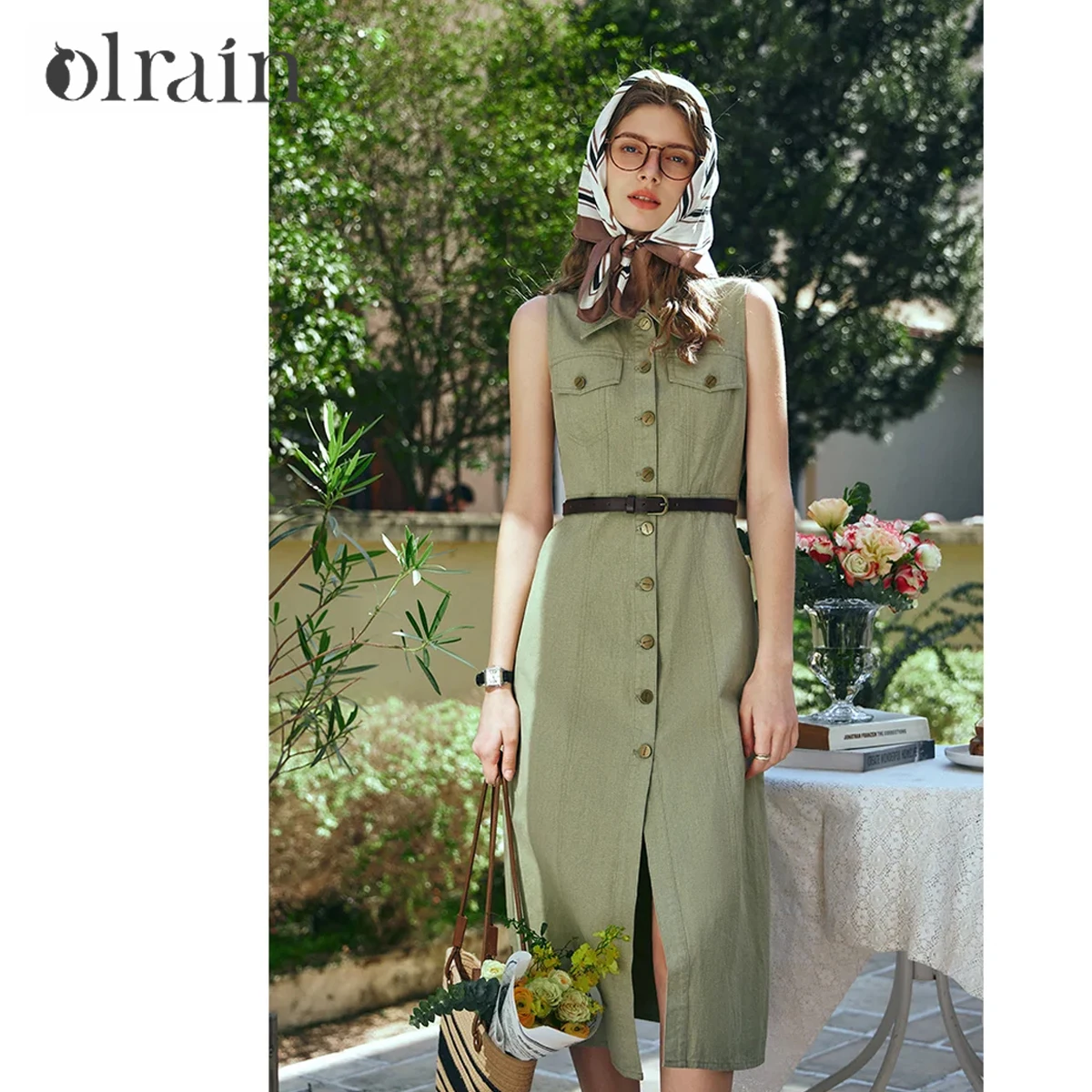 

OLrain Women Summer Dresses 2026 New Office Lady Retro Solid Elegant Pure Cotton Sashes Lapel Neck Sleeveless Dress G24CL89980