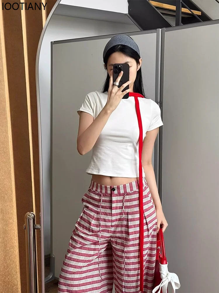 Sweet Girl Striped Lace-up Oversized Women's Pants Wide Leg Korean Style Fashion Straight Pants Loose Basic Casual Youth Summer