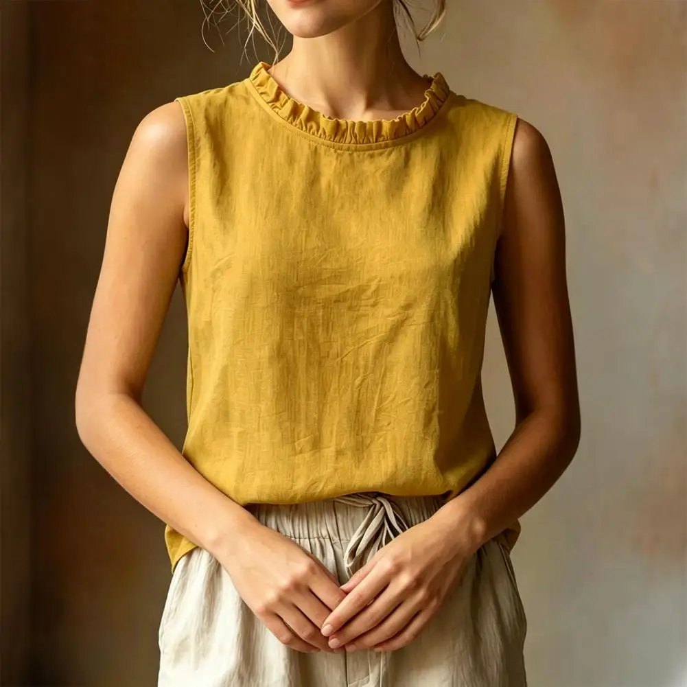 

2026 Sleeveless Round Neck Shirt Women Shirt Loose Fit Sleeveless Ruffle Trim Pure Color Summer Tank Tops Commuting Style Shirt