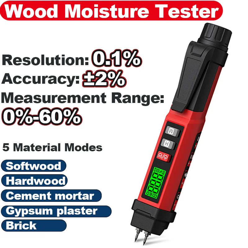 HT68 Pen-Type Wood Moisture Meter 0%-60% Digital Two Pins Wood Humidity Tester Damp Detector Gypsum plaster Cement mortar Brick