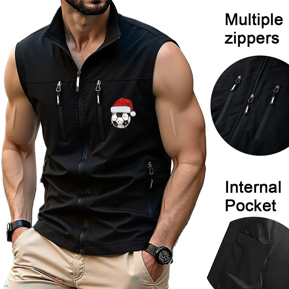 

Верхняя одежда, жилет, куртка для мужчин, шляпа Санта-Клауса с принтом, несколько карманов на молнии, жилет без рукавов с воротником-стойкой, спортивный бег, тренажерный зал