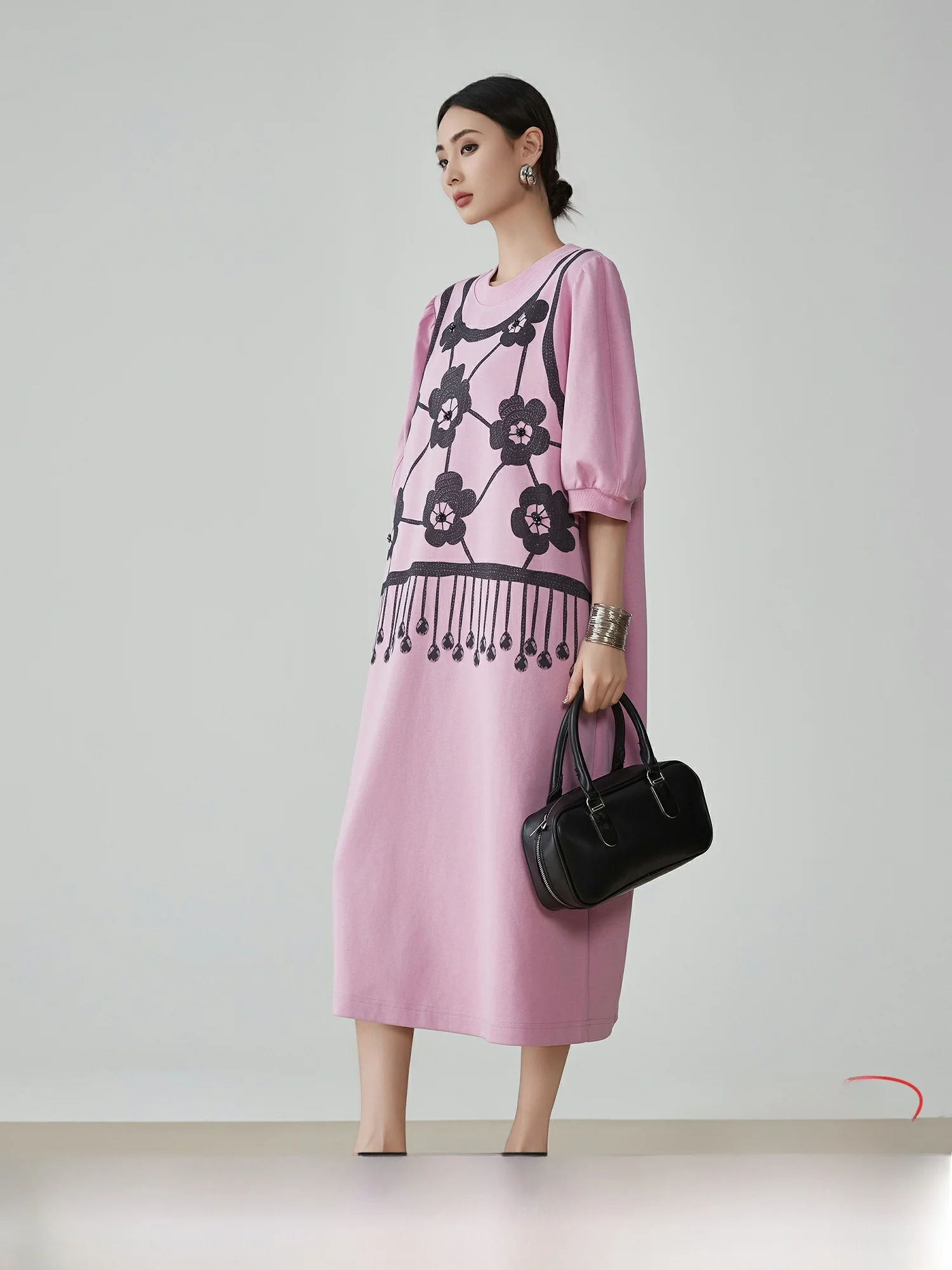 Thai Sle Bubble Sve rose rétro faux deux pièces T-shirt Dr décontracté jupe longue ample femmes Faion été fibre de Polyester