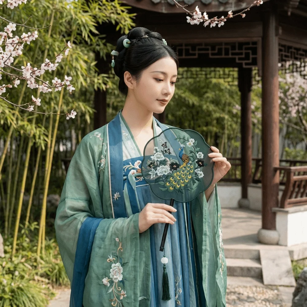 Chinese Style Double Sided Embroidery Fan Long Handle Classical Vintage Hand Fan with Tassel Semi-Transparent Flower Silk Fan