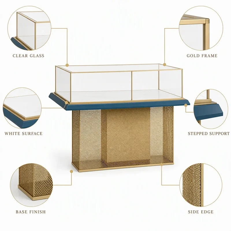 custom.Custom Brass Mesh and Peacock Blue Jewelry Store Display Fixture Set with Arched Wall Showcase