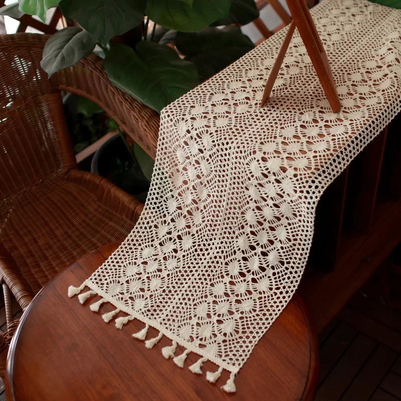 Boho Beige Table Runners Vintage Farmhouse Bohemian Crochet Macrame With Tassels Covers for Wedding Party Baby Shower Decoration