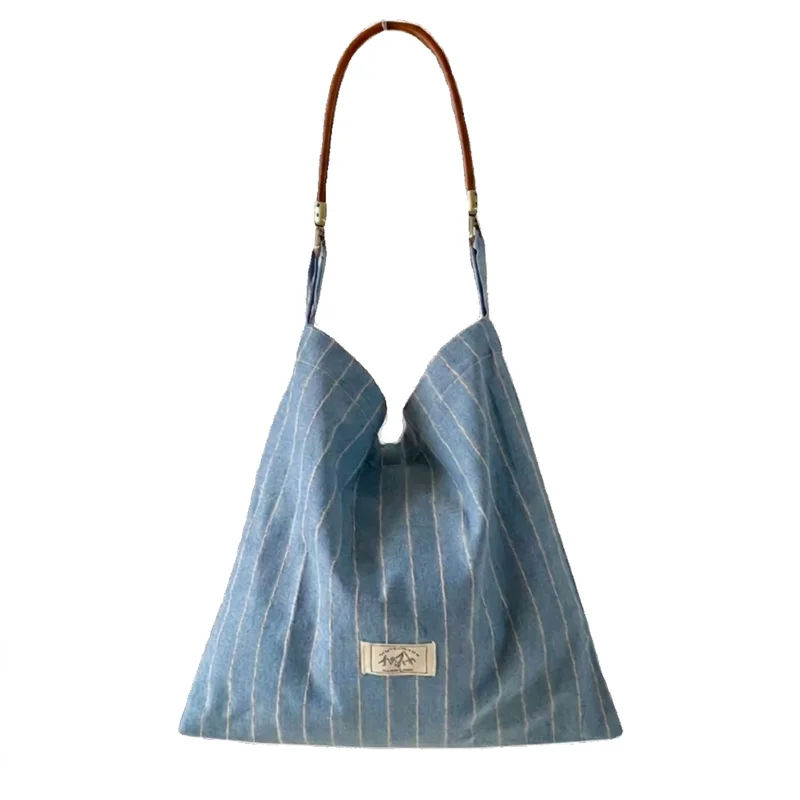 

Женская ретро-сумка-хобо из денима в полоску с кожаной верхней ручкой, вместительная повседневная сумка через плечо, сумка для ежедневного использования.
