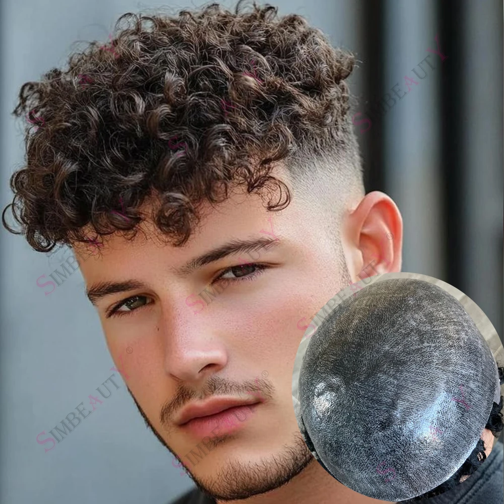 

Men's Curly Human Hair Toupee 18mm Super Durable Full Thin Skin Base100% Remy Hair System Cool Brown Natural Hairline Prosthesis