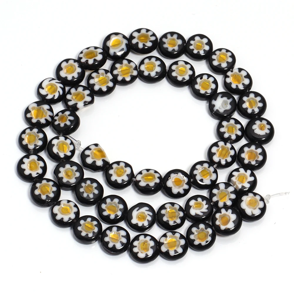 1줄 6/8/10mm 램프워크 비즈 평평한 원형 유약 처리된 유리 꽃 비즈 쥬얼리 제작 DIY 팔찌 목걸이 공예 액세서리