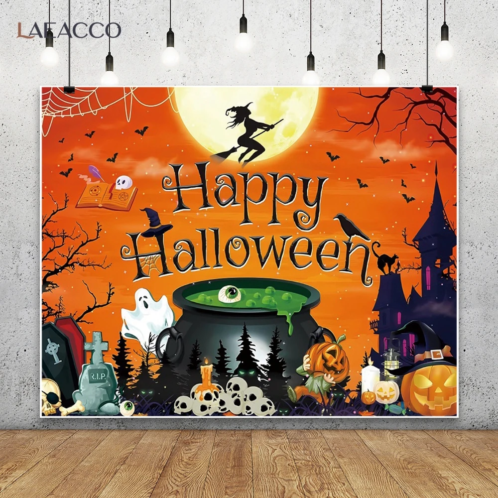 

Happy Halloween Retro Dark Castle Full Moon Night Party Photography Background Kids Friends Portrait Photocall Backdrop Decor