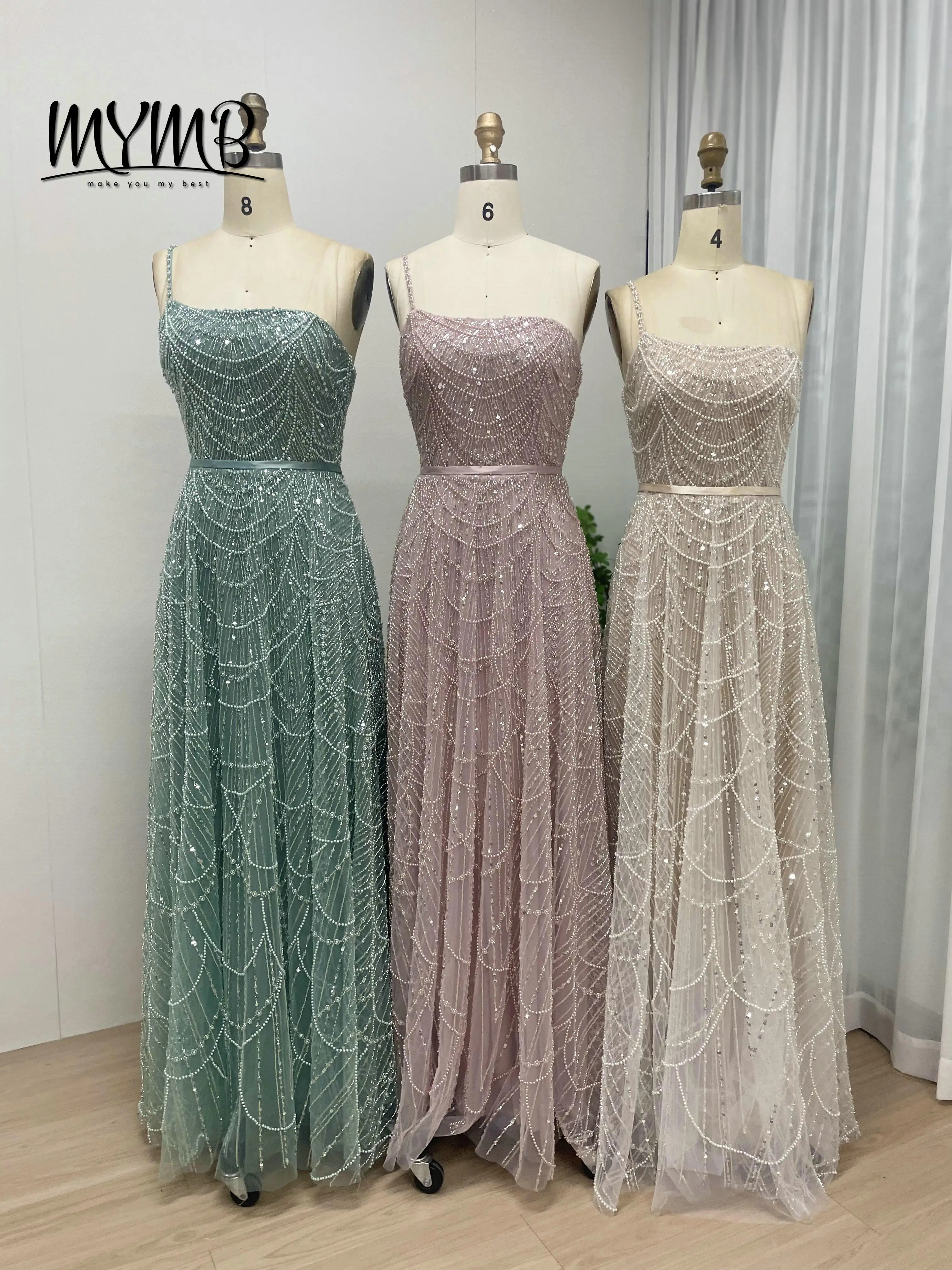 Ekskluzywna, elegancka suknia ślubna w kształcie litery A, zdobiona perłami, cekinami i luksusowymi ramiączkami spaghetti, suknia wieczorowa z paskiem MY30088