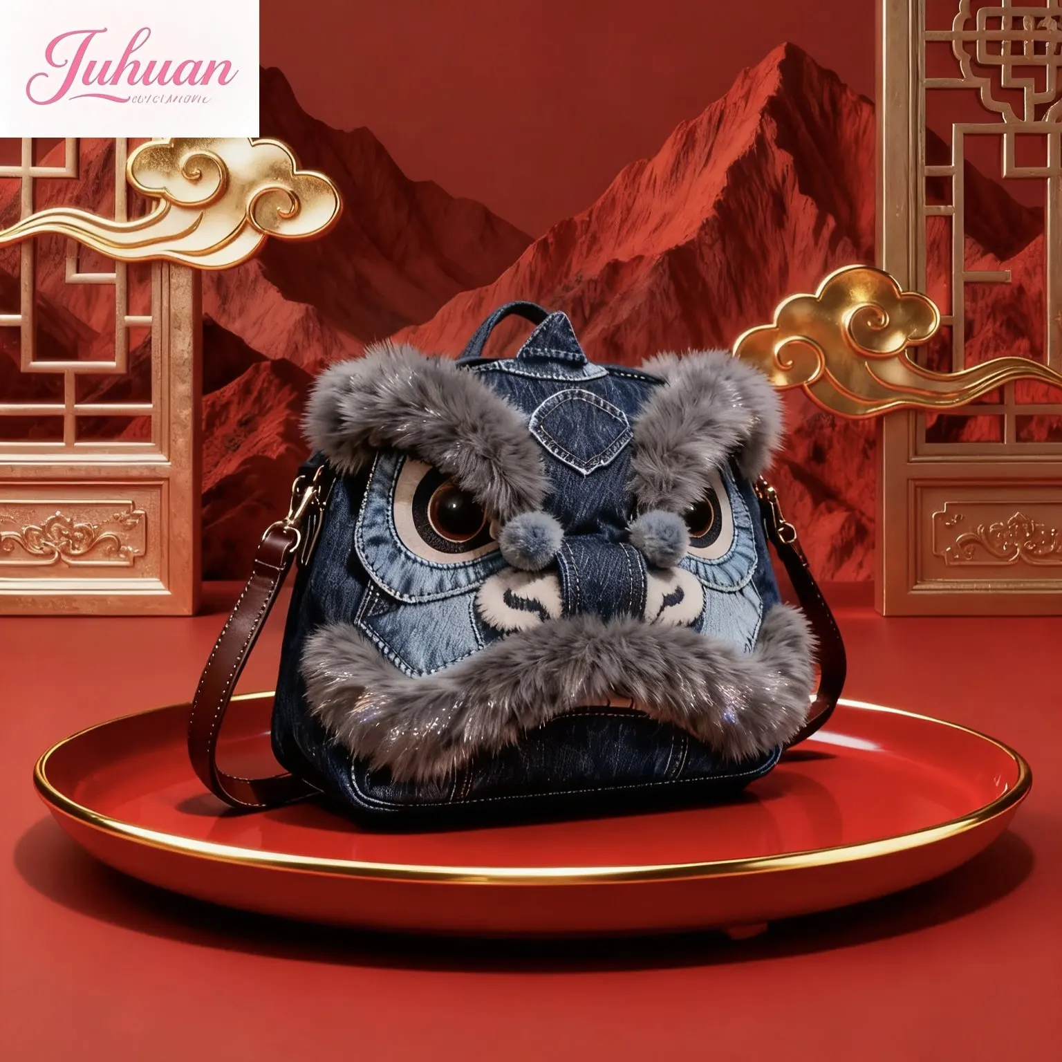 

Плюшевый рюкзак «Пробуждение китайского льва» 2026 года, персонализированный универсальный джинсовый рюкзак, мультяшная сумка через плечо в китайском стиле, унисекс