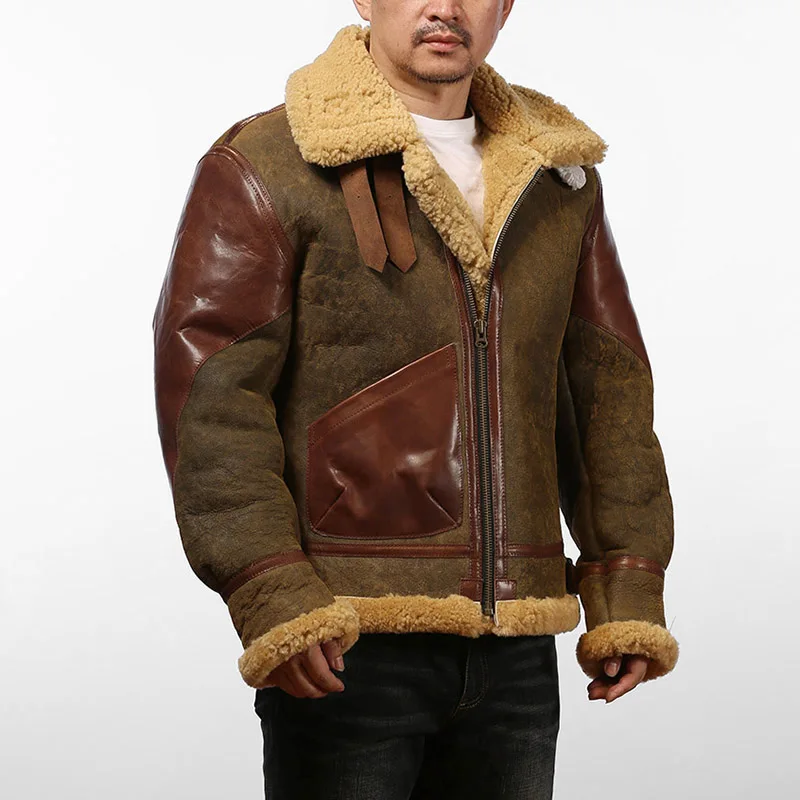 AV20 European Size High Quality Super Warm Genuine Sheep Leather Coat Mens Big B3 Shearling Bomber Military Fur Jacket