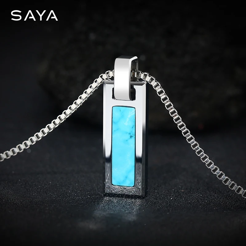 Necklace for Men Natural Turquoise Pendant High end Trendy Brand Tungsten Black Agate Fashion Versatile，Engraving