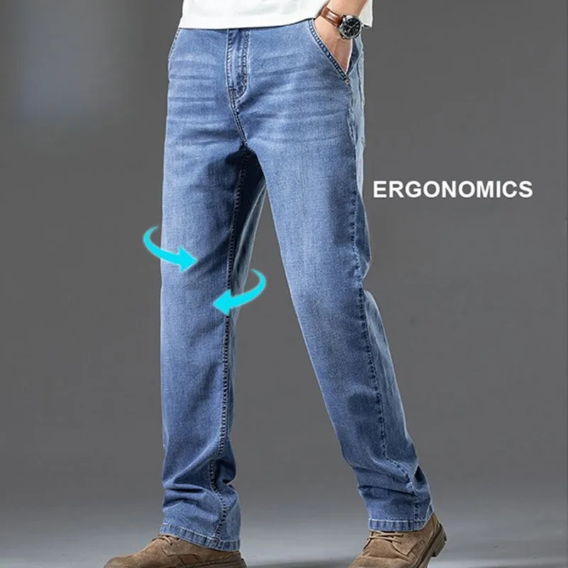 

Летние мужские брюки-джинсы стрейч больших размеров 42, 44, 46, 48, прямые, свободные, тонкие, из денима, мягкие, дышащие, оверсайз