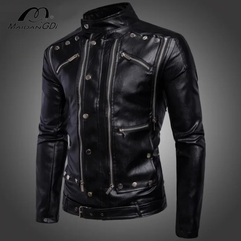 MaiDangDi European and American Fashion Trend Solid Color Standing Collar Men Motorcycle Multi Zipper Men's Leather Jacket