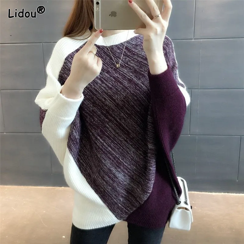 

Loose-fitting Intellectual O-Neck Sweaters Autumn Winter Thick Spliced Pullovers Elegant Fashion Korean Trend Women's Clothing