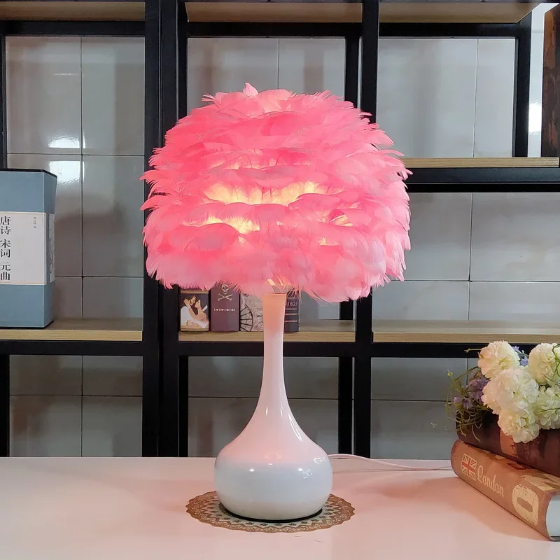 American feather table lamp, home bedroom Nordic simple warm romantic wedding room decoration bedside night light