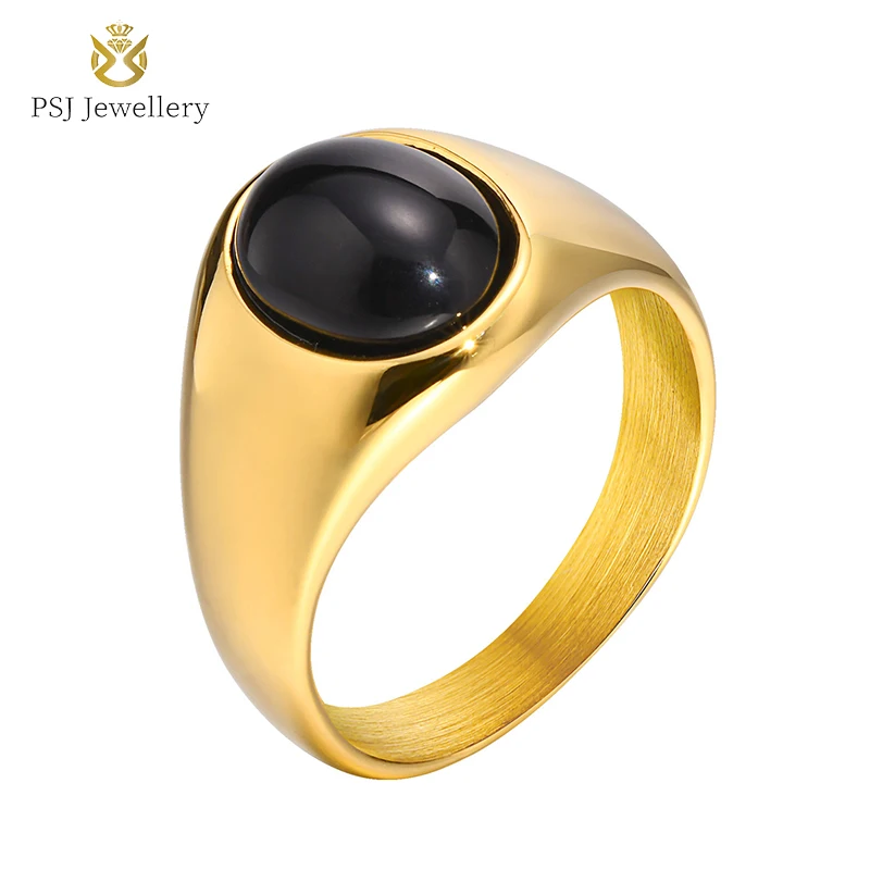 

Titanium Stainless Steel Rings for Women 24k Gold Plated Black Oval Cut Agate PSJ Fashion Wedding Female Jewelry